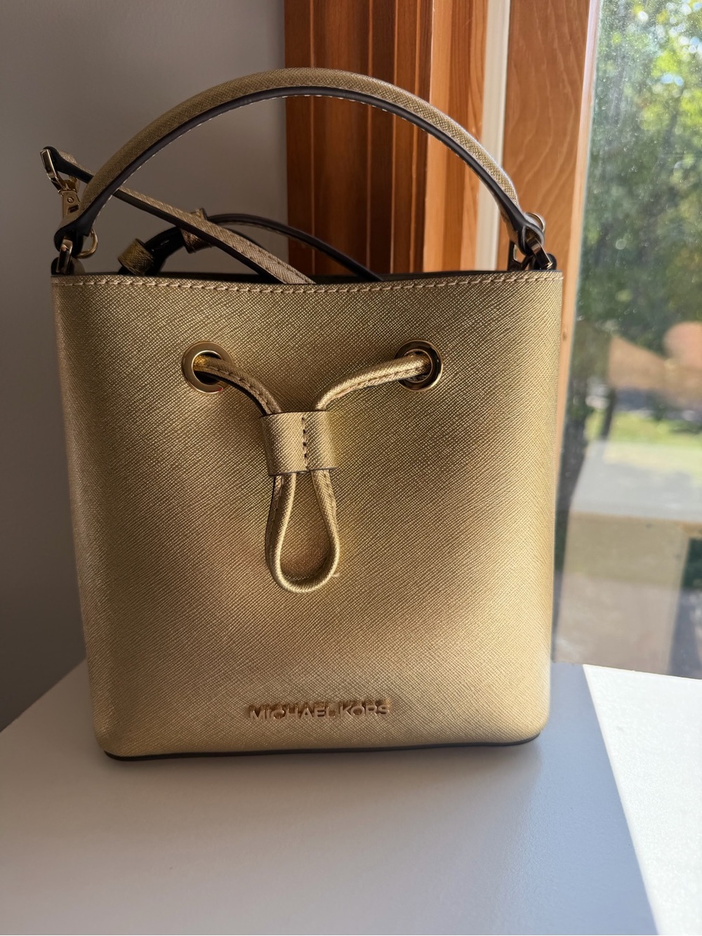 Michael Kors Gold Mini Drawstring Bucket Bag
